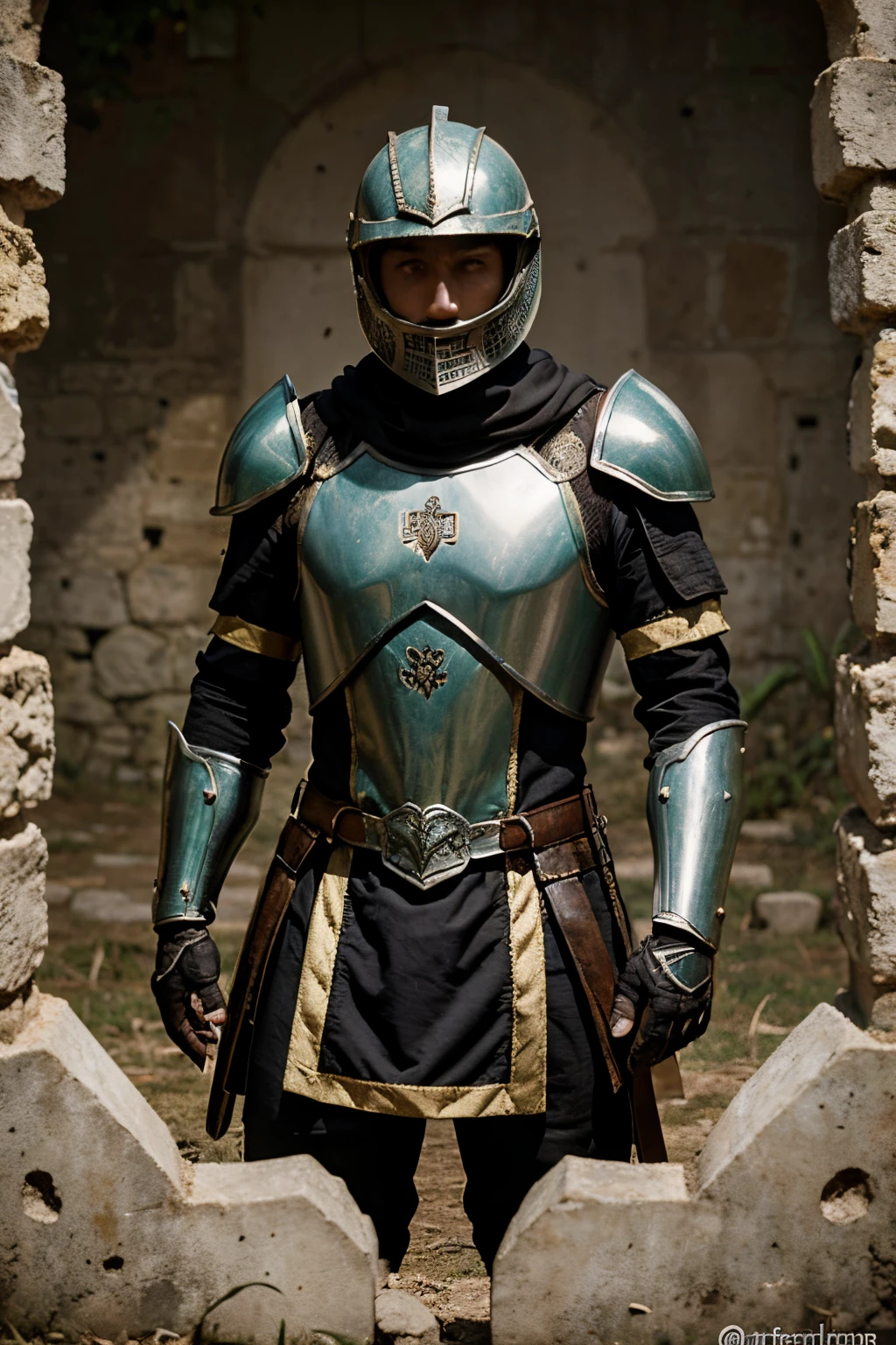 Guerreiro de capacete e armadura, paisagem grafica de jogo