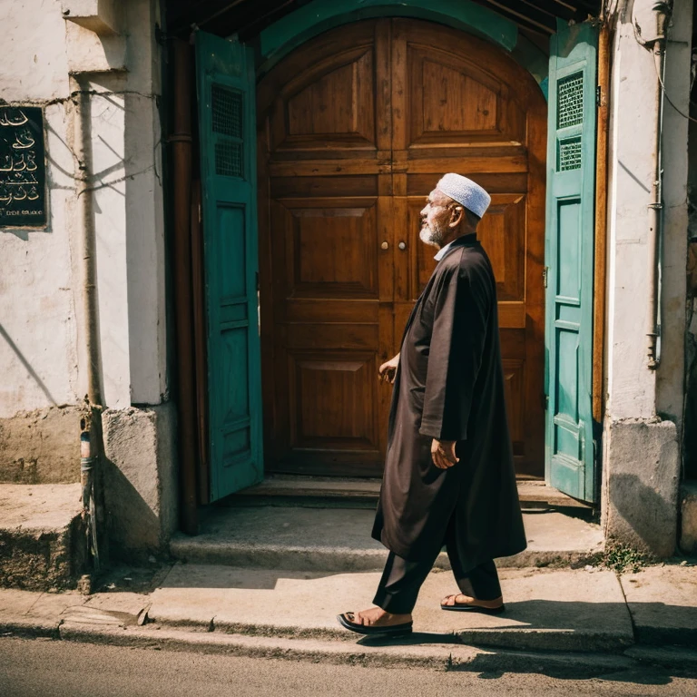 A old muslim man is going to the mosque.