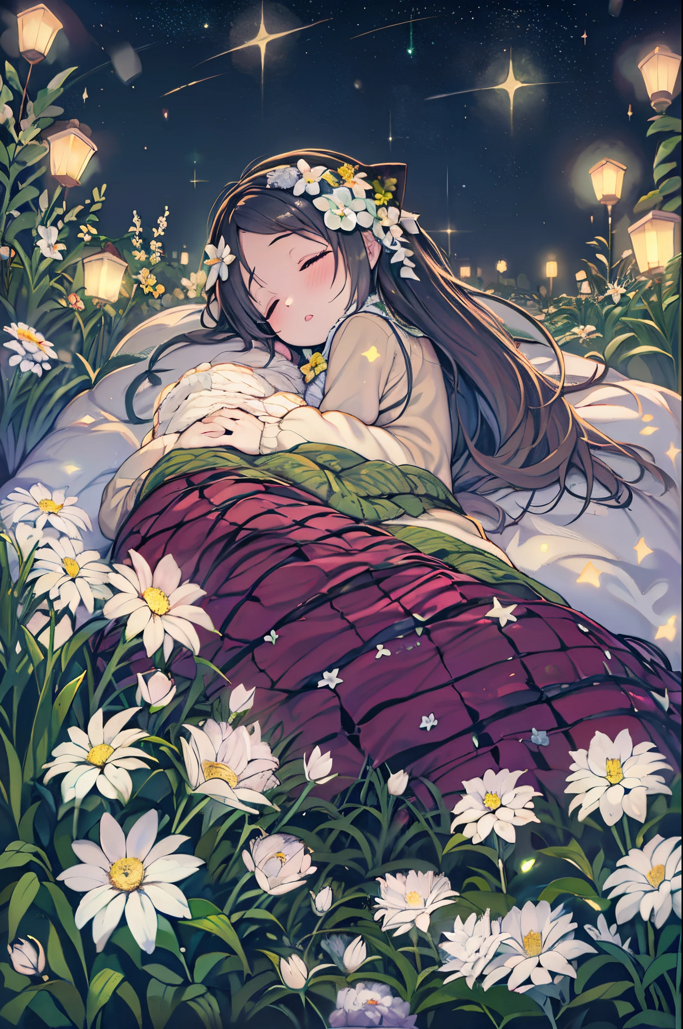  girl, Flowers, Sleeping, Long Black Hair, Night, Starry sky