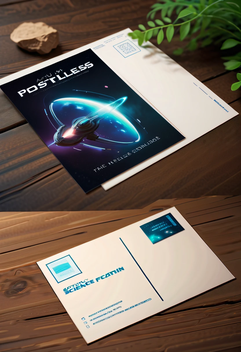 Best quality,8K,A high resolution,tmasterpiece:1.2,(actual:1.37),(Postcard with futuristic science fiction written on the front:1.3),(The reverse side a postcard in envelope format..:1.1),(Write magical words your my love on postcard free":1.2),cardboard postcard,simplebackground,On a table,