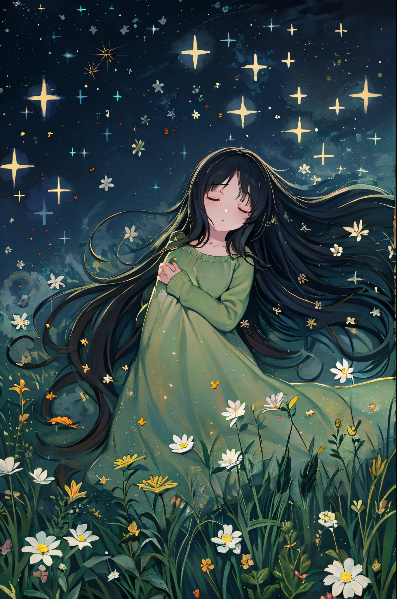  girl, Flowers, Sleeping, Long Black Hair, Night, Starry sky