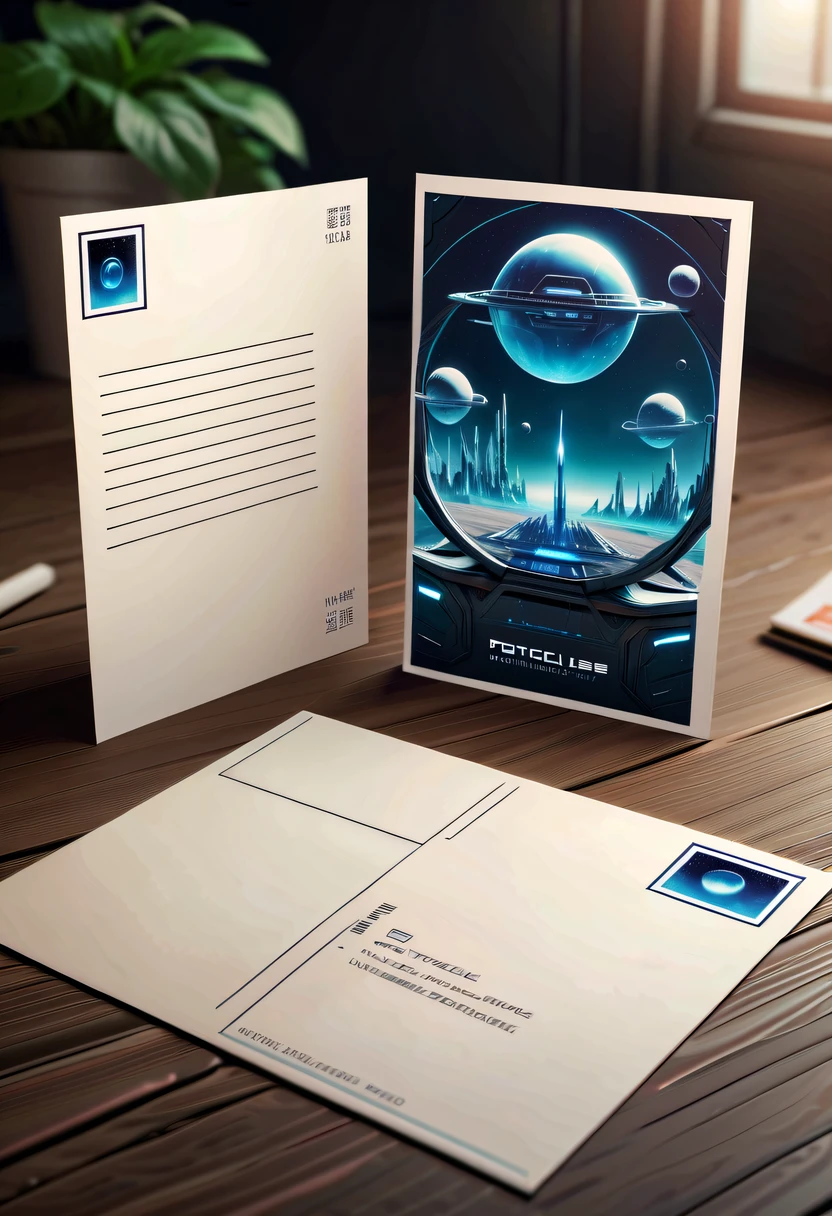 Best quality,8K,A high resolution,tmasterpiece:1.2,(actual:1.37),(Postcard with futuristic science fiction written on the front:1.3),(The reverse side a postcard in envelope format..:1.1),(Write magical words your my love on postcard free":1.2),cardboard postcard,simplebackground,On a table,