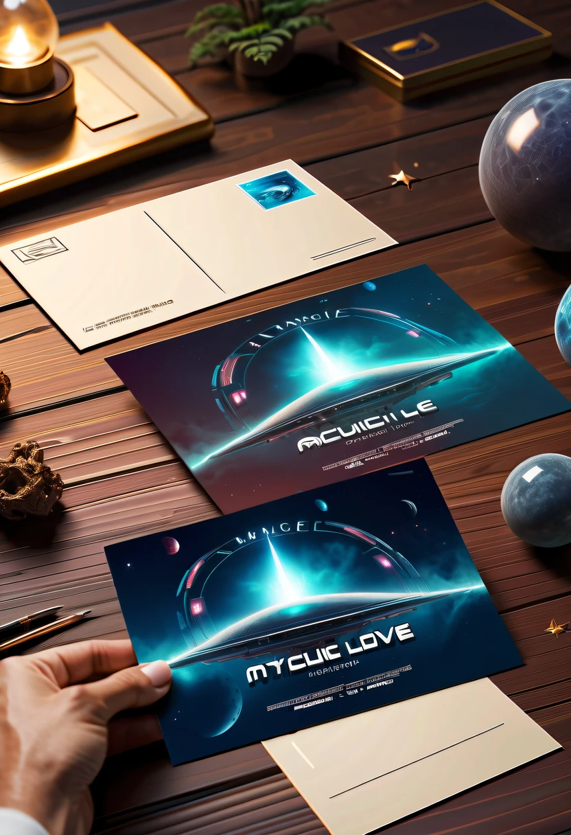 Best quality,8K,A high resolution,tmasterpiece:1.2,(actual:1.37),(Postcard with futuristic science fiction written on the front:1.3)，(The reverse side  a postcard in envelope format..:1.1)，(Write magical words your my love on postcard free":1.2)，cardboard postcard，simplebackground，On a table，