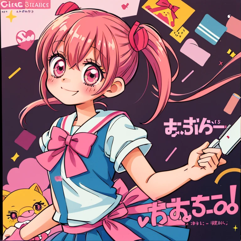 Anime girl, 1girl, solo, Madoka Kaname, pig tails, short pigtails, ribbons, hair ribbons, smile, blush, school girl uniform, Mitakihara Middle School, Madoka Magica, pink pigtails, pink eyes, red bow tie, black skirt
