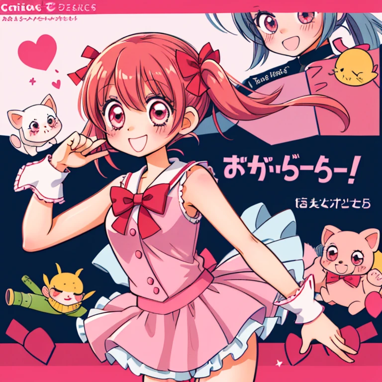 Anime girl, 1girl, solo, Madoka Kaname, pig tails, short pigtails, ribbons, hair ribbons, smile, blush, school girl uniform, Mitakihara Middle School, Madoka Magica, pink pigtails, pink eyes, red bow tie, black skirt