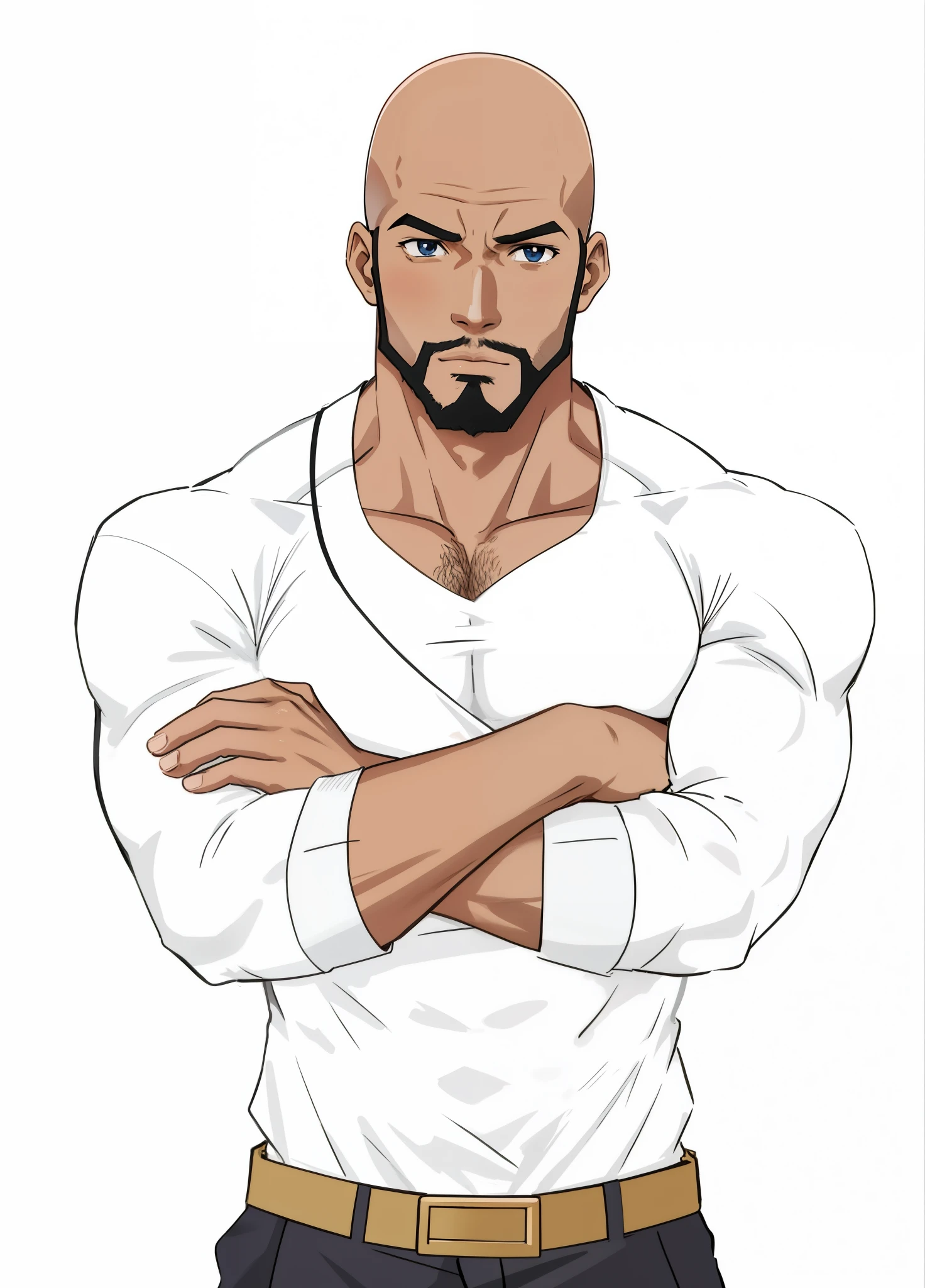 Anime african muscular bald man with a beard and a white shirt,