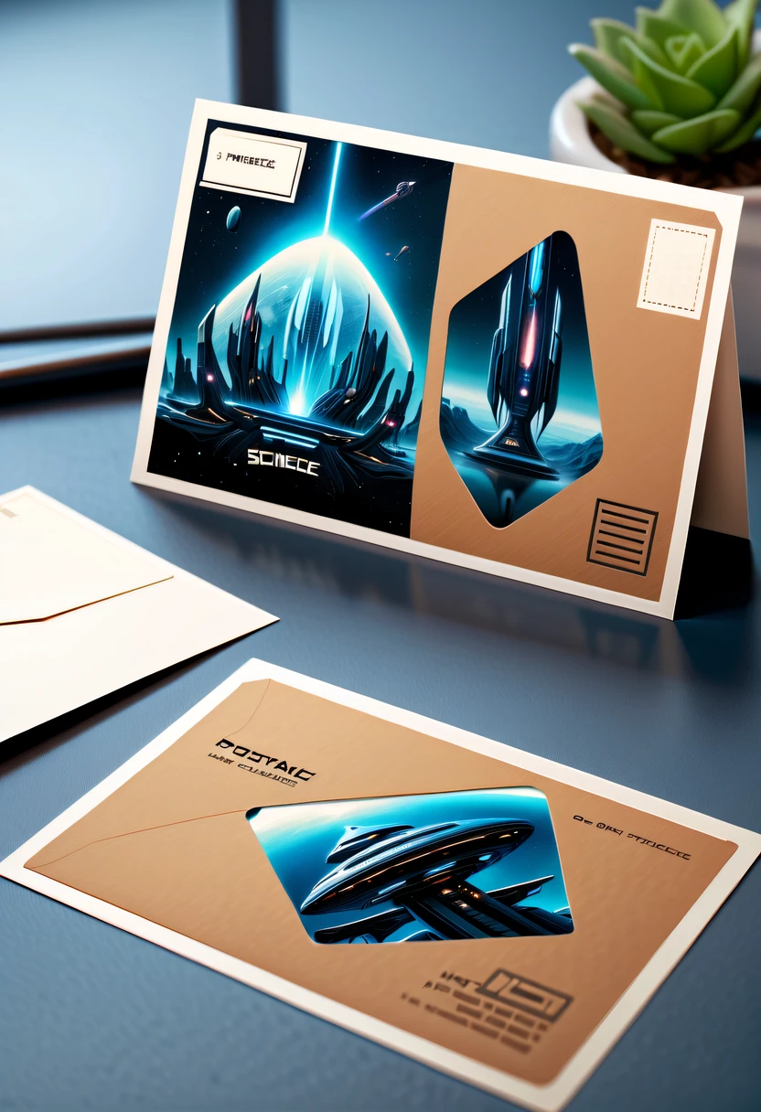Best quality,8K,A high resolution,tmasterpiece:1.2,(actual:1.37),(Postcard with futuristic science fiction written on the front:1.3)，(The reverse side  a postcard in envelope format..:1.1)，(Write magical words your my love on postcard free":1.2)，cardboard postcard，simplebackground，On a table，
