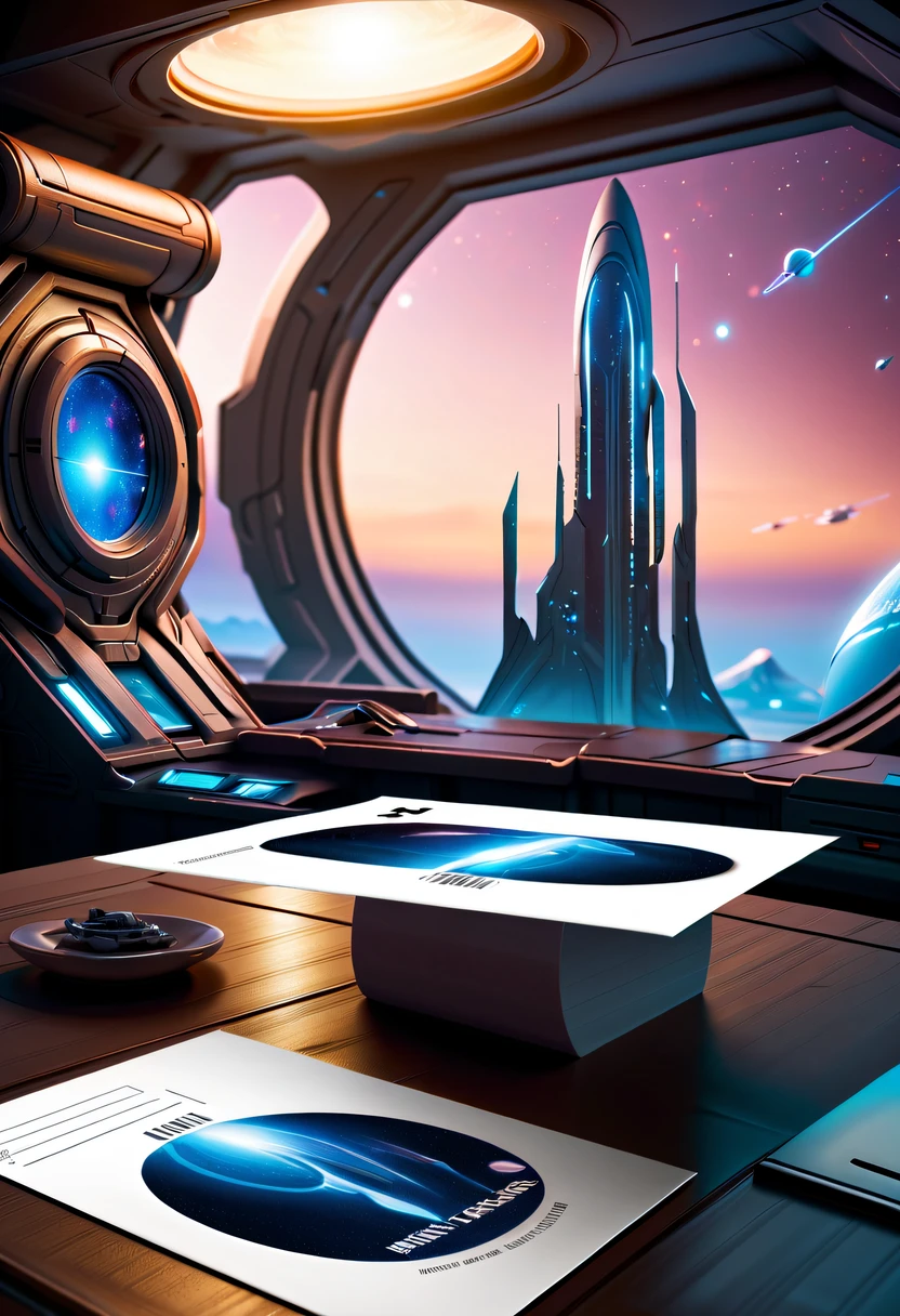 Best quality,8K,A high resolution,tmasterpiece:1.2,(actual:1.37),(Postcard with futuristic science fiction written on the front:1.3),(The reverse side a postcard in envelope format..:1.1),(Write magical words your my love on postcard free":1.2),cardboard postcard,simplebackground,On a table,