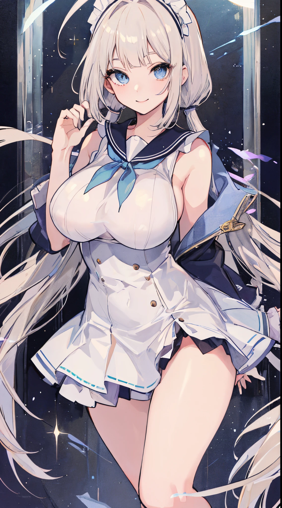 top-quality、realistic touch,high-detail、photoRealstic、Long body、captive beauty、big eye、Colossal tits、Strong platinum blonde eyelashes、platinum-blond、full body Esbian、Sparkling eyes、Submissive smile、Flushed cheeks、Kamimei、thin-waist、Voluptuous thighs、Enraptured look、Raked bangs、The forehead is protruding、Tight sailor uniform、sleeveless、Tight and short skirt with a large slit、Inside a school classroom、She isn't not wearing panties、High-waisted skirt、maid costume