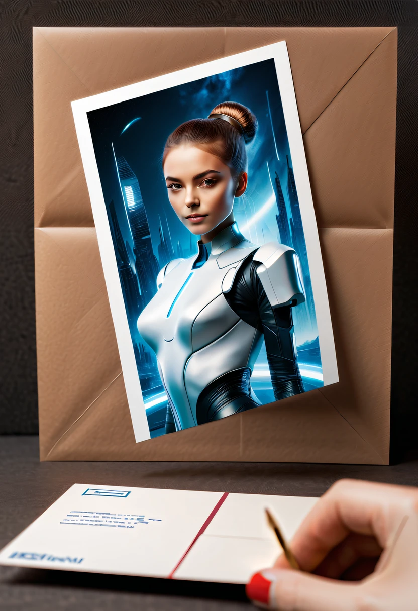 Best quality,8K,A high resolution,tmasterpiece:1.2,(actual:1.37),(A postcard with a portrait of a futuristic ??????? the front:1.3)，(The reverse side  a postcard in envelope format..:1.1)，(Write magical words your my love on postcard free":1.2)，cardboard postcard，simplebackground，On a table，