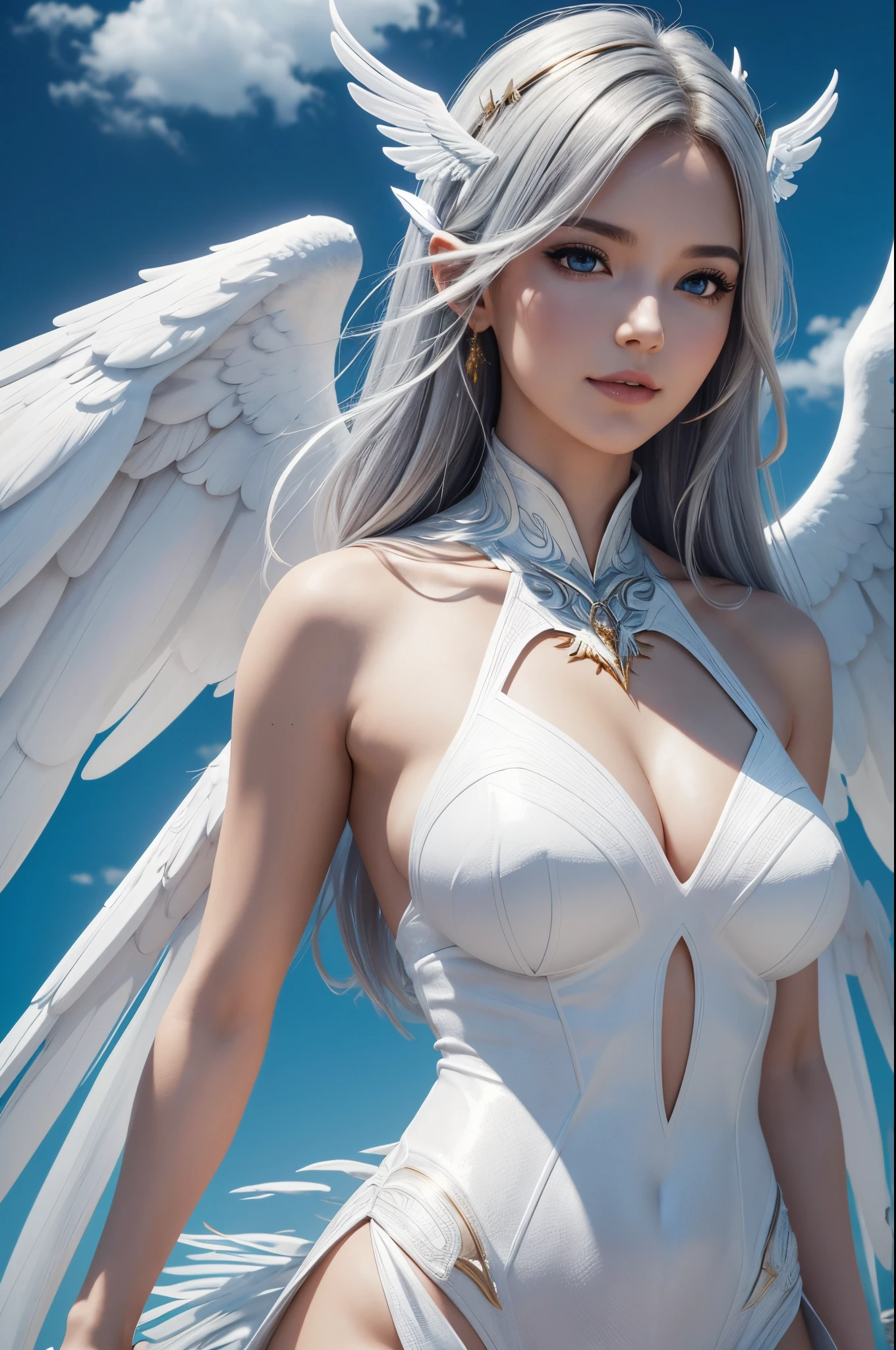 8K,White wings on the back,Arafe poses in front of a mountain wearing a white and gold exterior., small breasts(Like the real thing)personification of the white firebird,Golden eyes,real looking skin,A sexy,artgerm julie bell beeple, very detailed Artgerm, angel knight girl, Alexandra Fomina Artstation, ig model | ArtGerm, fanart best artstation, as seen on artgerm, full - body majestic angel, mystical valkyrie,超A high resolution,A hyper-realistic,enticing,Look at viewers,personification of white phoenix,wings folded on the back,Emits an intense white aura from the body(Strong white aura effect)a smile,rather small breasts, curves,,medium short gray hair,