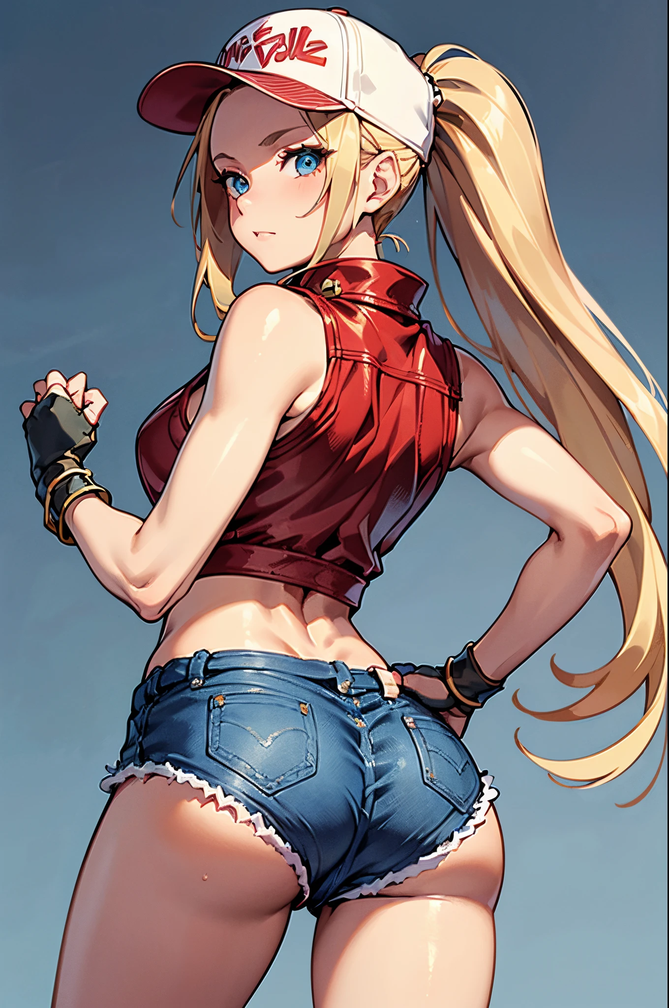 (masterpiece), best quality, expressive eyes, perfect face, highres, (8k), (perfect face), (ultra details), 1 girl, solo, terry bogard girl, blonde hair, ponytail, blue eyes, long hair, baseball cap, fingerless gloves, denim shorts, shoes, street background, standing, portrait, big butt, from behind