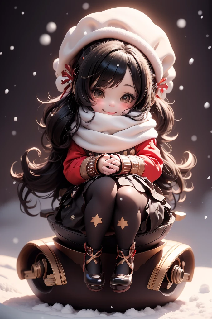 amasterpiece, best quality, 8k, cinematic light, ultra high res, chibi, cute girl smiling sitting on a sleigh, (bigfeet:0.4), (bighands:0.4)black hair, christmas steampunk dress, christmas hair ribbons, white pantyhose, red pumps, magical night, winter night, magical sparks floating, falling snow, dark shadows, ((dark fantasy)),
