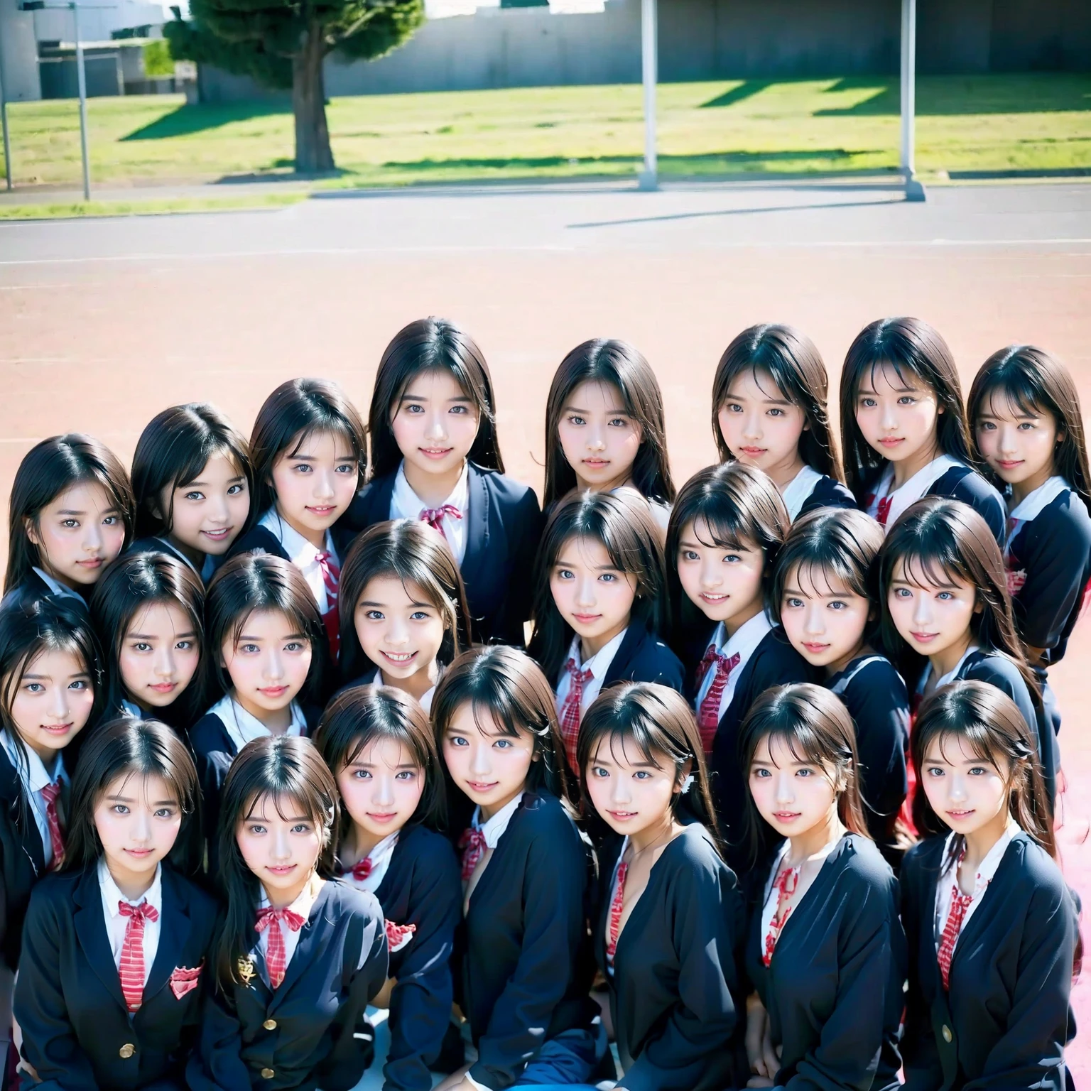 Raw photo、(((multiple girls))),((((6+girls)))),((((100girls)))),(((1000girls)))、((((100 Girls))))、Women only、The same face、matching school uniform、6 years old、Long black hair、100 cute girls、a smile、Commuting to school、School route、(((Large group)))、elementary student