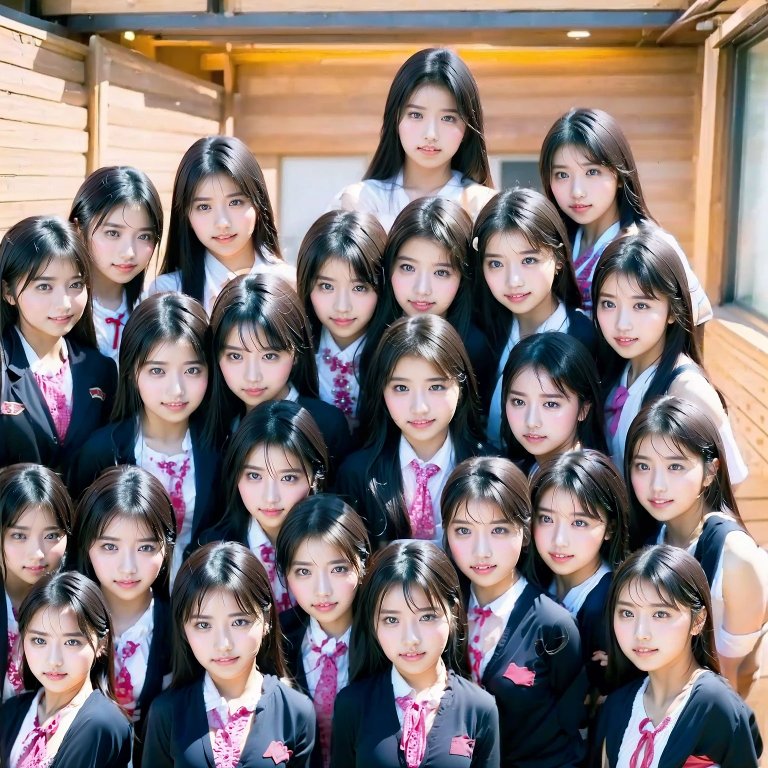 Raw photo、(((multiple girls))),((((6+girls)))),((((100girls)))),(((1000girls)))、((((100 Girls))))、Women only、The same face、matching school uniform、、Long black hair、100 cute girls、a smile、Commuting to school、School route、(((Large group)))、elementary student