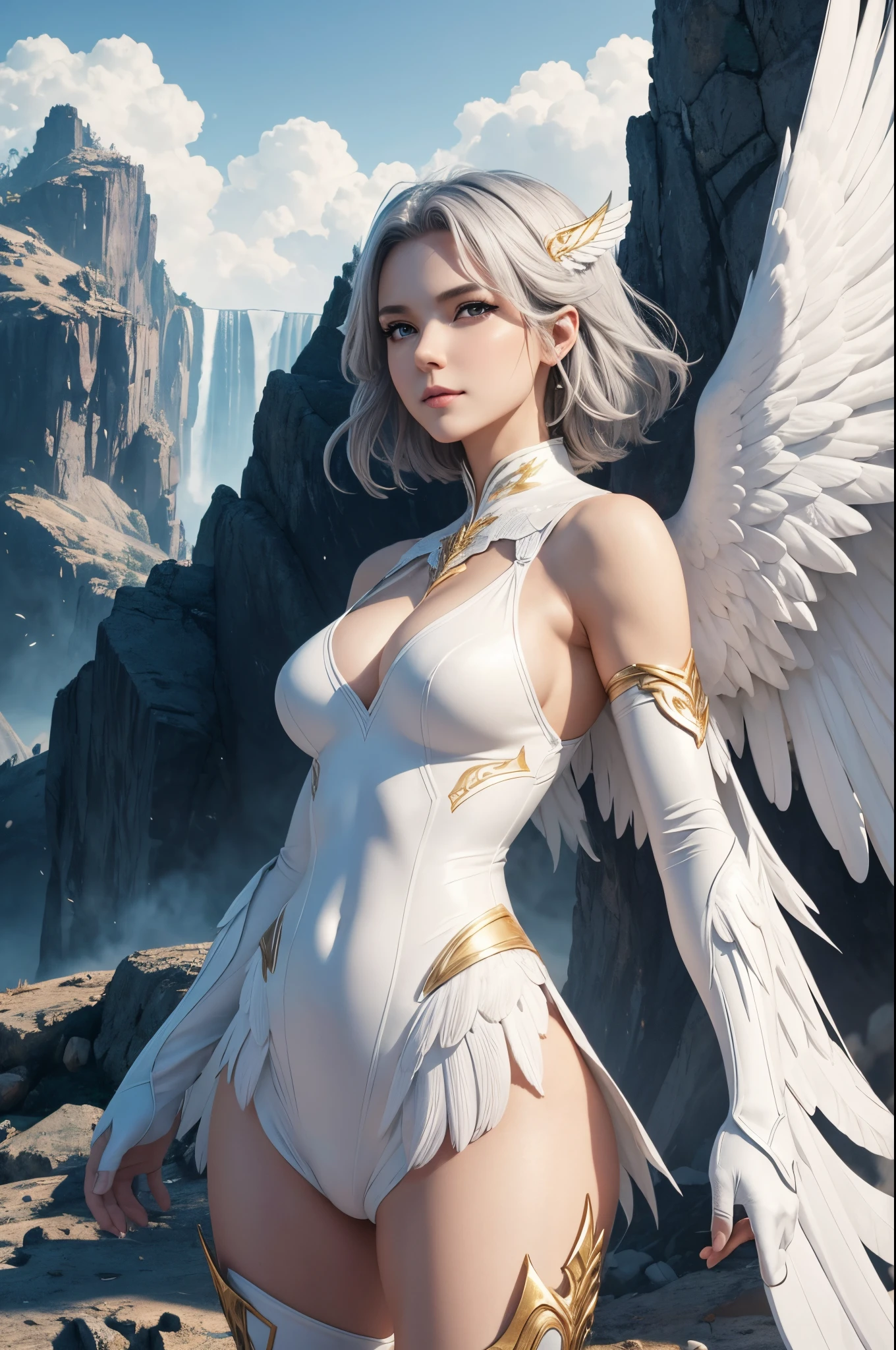 8K,White wings on the back,Arafe poses in front of a mountain wearing a white and gold exterior., small breasts(Like the real thing)personification of the white firebird,Golden eyes,real looking skin,A sexy,artgerm julie bell beeple, very detailed Artgerm, angel knight girl, Alexandra Fomina Artstation, ig model | ArtGerm, fanart best artstation, as seen on artgerm, full - body majestic angel, mystical valkyrie,超A high resolution,A hyper-realistic,enticing,Look at viewers,personification of white phoenix,wings folded on the back,Emits an intense white aura from the body(Strong white aura effect)a smile,rather small breasts, curves,,medium short gray hair,