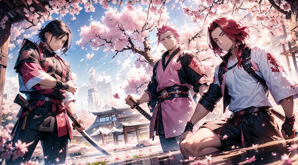 (((Two men))) [[[cherry blossom]]] a long red hair samurai in a fight position, ready to fight (holding his katana), against other short black hair man samurai. They are both fight under a cherry blossom tree [[[cherry blossom leafs are falling from the tree]]] (((beautiful pink cherry blossom leafs))), golden sun, sundown, 4k, unreal engine, high quality details, amazing quality.