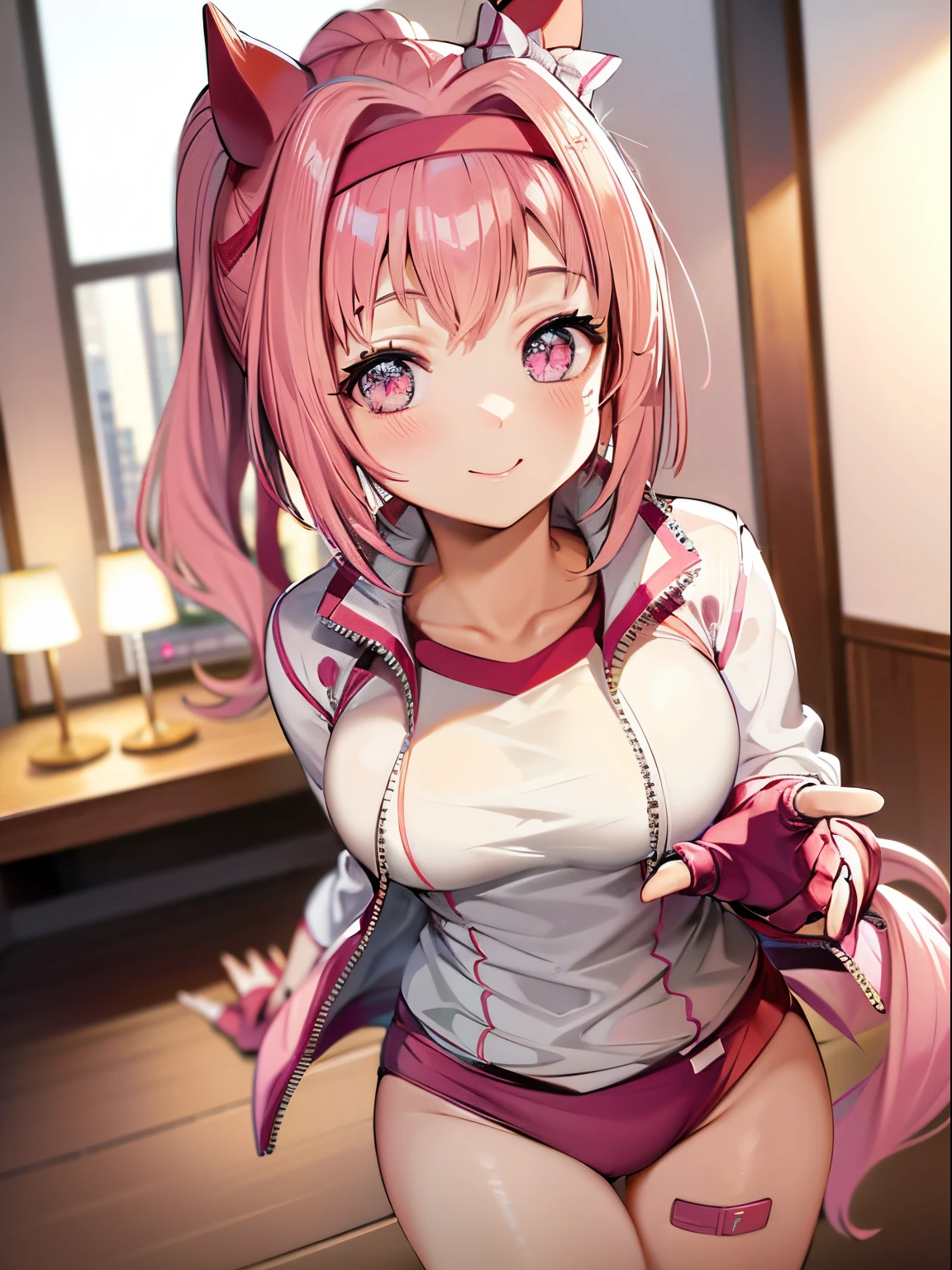 masuter piece, Best Quality, 超A high resolution, top-quality, Anime style, The best lighting, Beautiful face, Pink hair, Energetic girl, looking at viewer, portrait, pink horse tail, smiling cheerfully