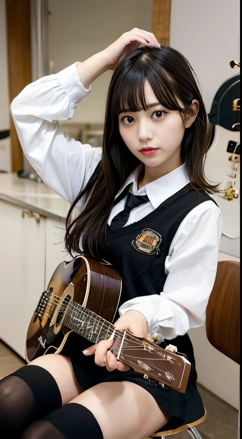 Masterpiece,high quality, girl,black short hair, messy hair,black serafuku,sitting on chair, very disgusting look, (guitar:1.5) ,crowd,classroom