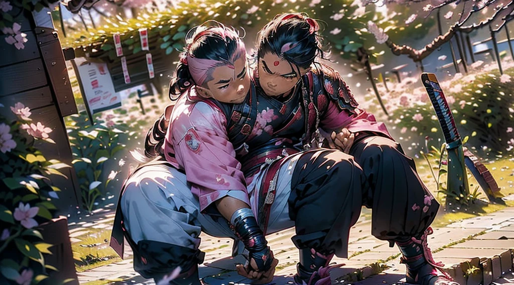 (((Two men))) [[[cherry blossom]]] a long red hair samurai in a fight position, ready to fight (holding his katana), against other short black hair man samurai. They are both fight under a cherry blossom tree [[[cherry blossom leafs are falling from the tree]]] (((beautiful pink cherry blossom leafs))), golden sun, sundown, 4k, unreal engine, high quality details, amazing quality.