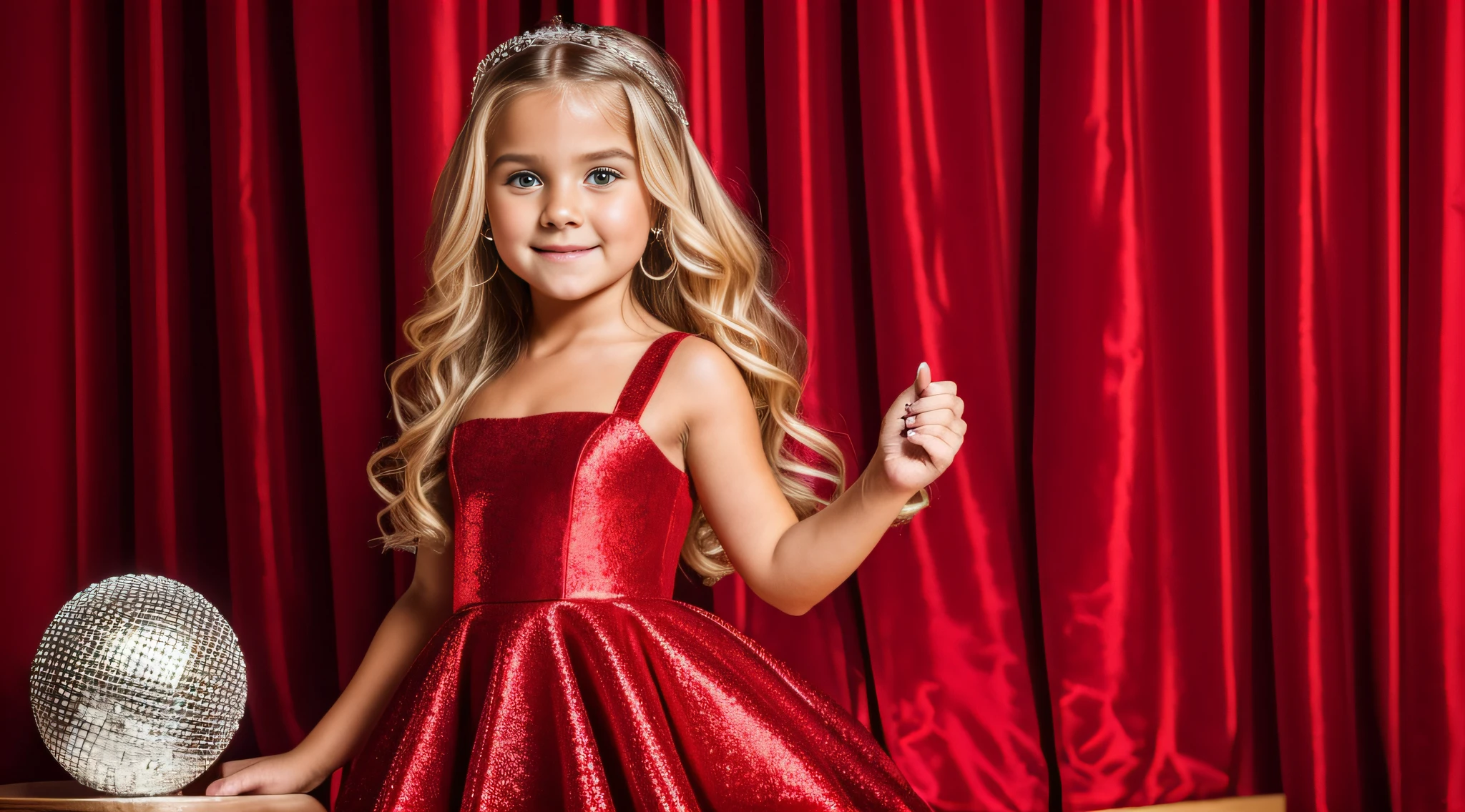 a close-up of a blonde  with long hair, BIG BALL OF electrified ICE IN HANDS. posando na frente de bolas de discoteca em uma sala, child wears a red dress, pose de glamour, fazendo uma pose elegante, posar para uma foto, em um vestido vermelho, usando um vestido vermelho, em estilo glamoroso, bola de discoteca ao fundo, modelo jovem bonita, usando um vestido cintilante, Photo of a promotional session, Retrato no meio da foto, vestindo trajes formais vermelhos