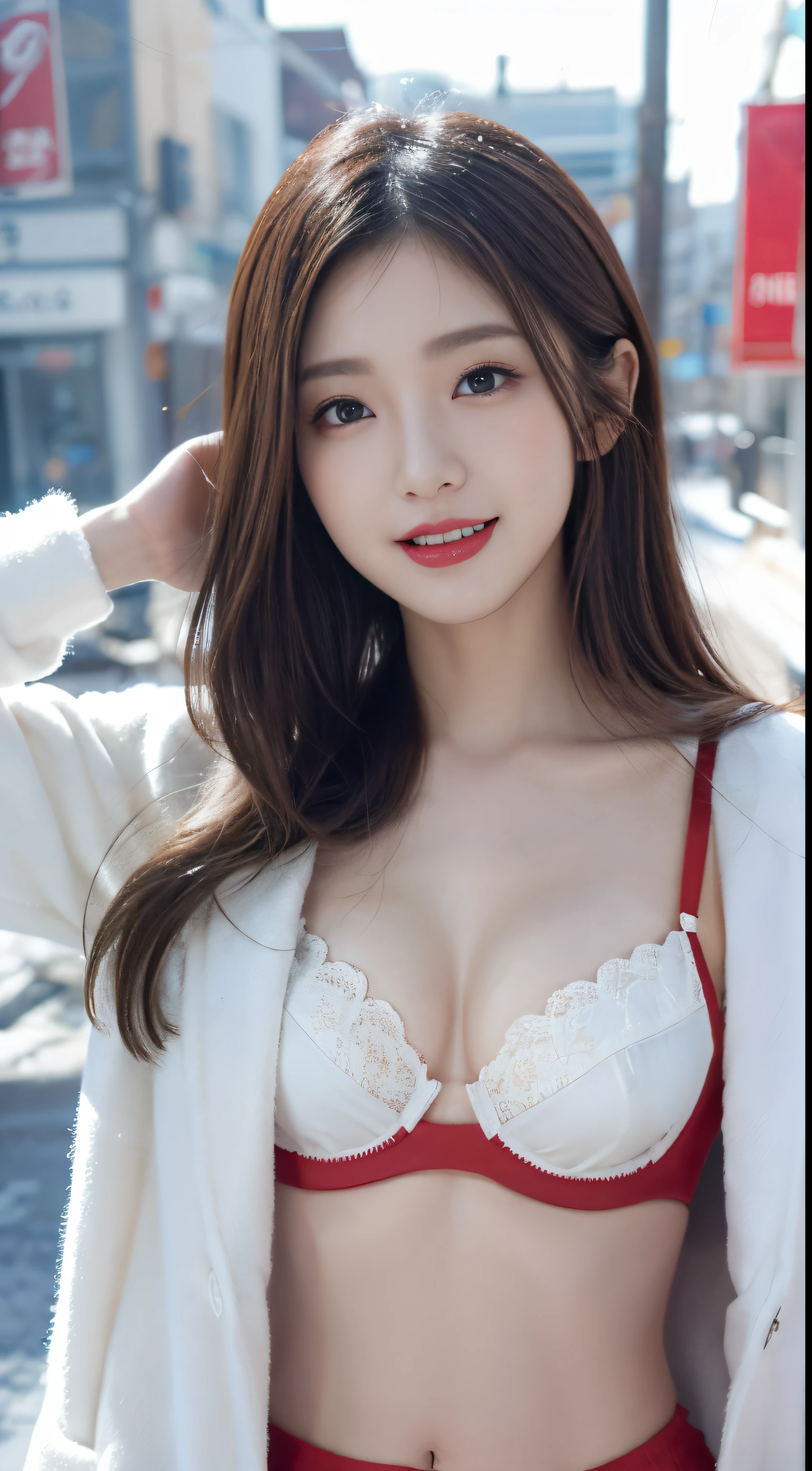 best quality, 4k, 8k, Detailed faces, clear face, a pretty girl, Korean makeup, Red lips,laugh, perfect body,shoulder length straight short hair,small breasts,thigh,slim,thin, The girl wears a long and wide coat, white small laced bra, lower abdomen, Snowscape, winter, street,