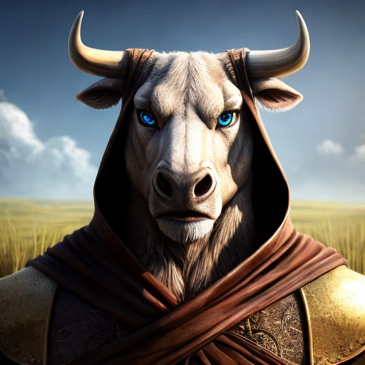 portrait bull wearing brown armored robes, grasslands background, intricate, photorealistic, highly detailed, intricate lighting, 8K, medium-length horns, two-tone fur, blue eyes, human-like eyes, white and grey furred body,