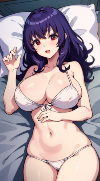 humongous large breast, 摩洛解放阵线,Best quality at best, nice hand, Wide hips,good eyes, 1 girl in, own, EXTREMELY CLEAR,, the good,scantily clad,on top of the bed,NSFW,ssmile, ,Purple colored hair ,red eyes ,Medium hair, ,wholesome,with her mouth open,,cow boy shooting,,lie,hugging pillow,Perspectives
