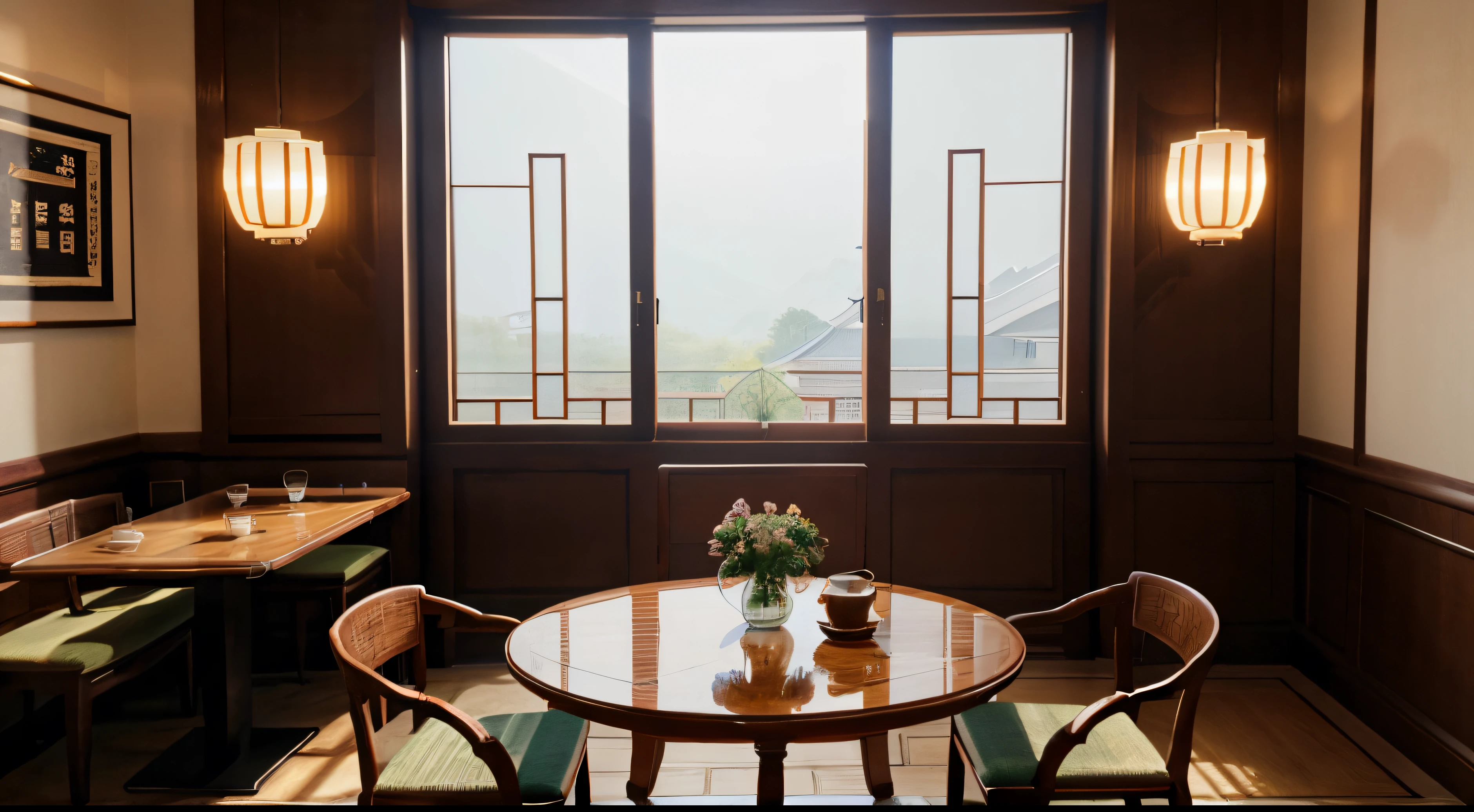 there is a tea Room with a table and chairs in it, award winning interior design, jin shan, su fu, inspired by Wang Lü, sha xi, inspired by Liu Haisu, chinese style, high stylization, inspired by Huang Gongwang, inspired by Jiang Tingxi, inspired by Wang Guxiang, inspired by Huang Tingjian, nanquan, high details, high quality, HD, 4K, masterpiece