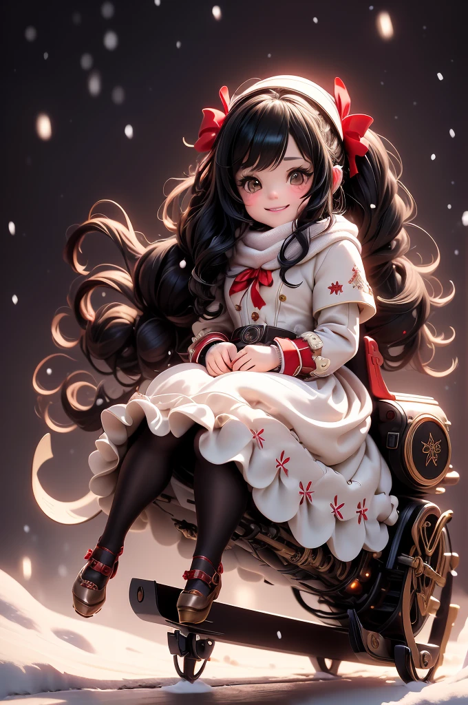 amasterpiece, best quality, 8k, cinematic light, ultra high res, chibi, cute girl smiling sitting on a sleigh, (bigfeet:0.4), (bighands:0.4)black hair, christmas steampunk dress, christmas hair ribbons, white pantyhose, red pumps, magical night, winter night, magical sparks floating, falling snow, dark shadows, ((dark fantasy)),