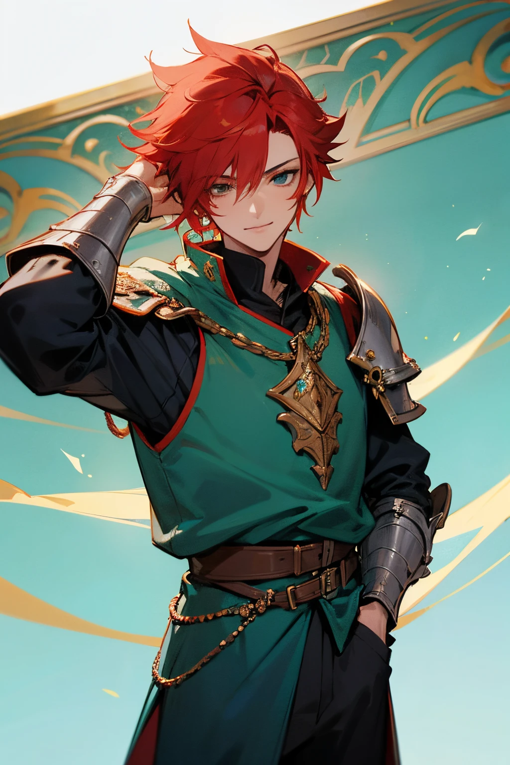 Put your hand in your pocket, The hair stands up, Final Fantasy, Bard ,young male, red hair, Emerald eyes, Fantasy, handsome ,Talk a lot, Middle Ages, Shot hair ,smile, Armor