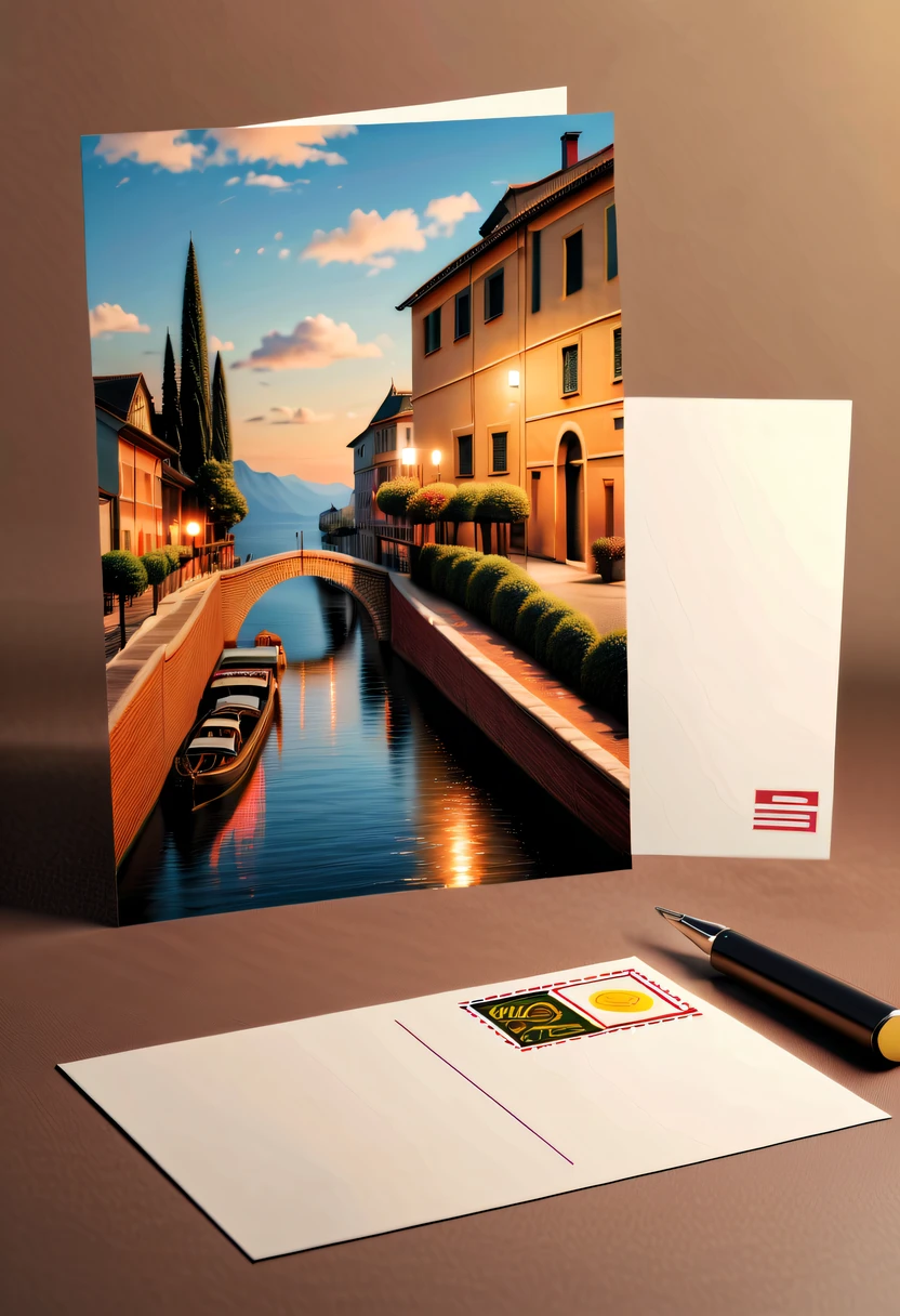 Best quality at best,8K,A high resolution,tmasterpiece:1.2,(actual:1.37),(Postcard with AI on the front:1.5)，The reverse side  a postcard in envelope format..，cardboard postcard，simplebackground，On a table，