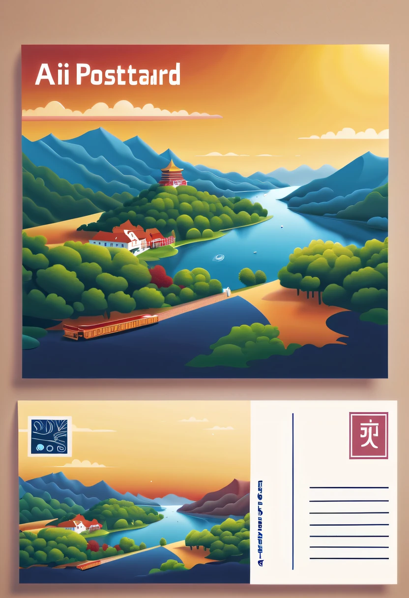 Best quality at best,8K,A high resolution,tmasterpiece:1.2,(actual:1.37),(Postcard with AI on the front:1.5),The reverse side a postcard in envelope format..,cardboard postcard,simplebackground,On a table,