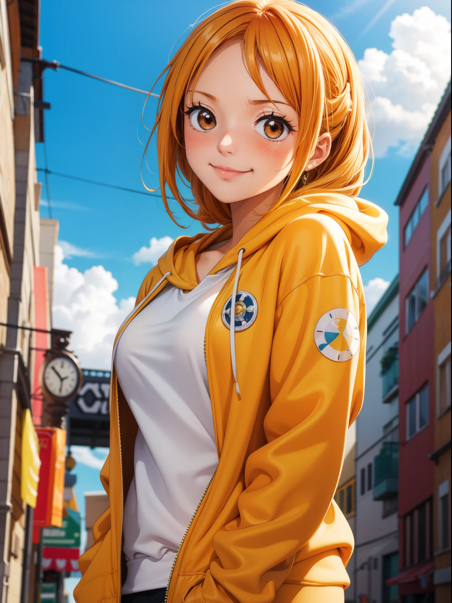 Masterpiece, ultra-detailed, upper body, 1girl, solo, Nami from one piece,very light orange and yellowish haired girl,beautiful brown eyes, blushing cheeks,in a clouds in the sky smiling at the viewer, blushing on the cheek with a free hair . She should be wearing a Streetwear Hoodie, dinamic lighting, vivid colours, ultra detailed, city street background, blur background