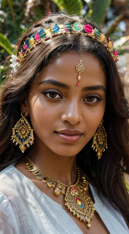 habesha queen with beautiful detailed eyes, graceful pose, and regal presence, ethereal beauty, intricate and ornate traditional costume, vibrant colors and patterns, royal jewelry and headdress, enigmatic smile, surrounded by an opulent garden with blooming flowers and lush vegetation, warm sunlight casting a soft glow, masterfully painted oil on canvas artwork, ultra-fine detailing and realistic textures, high-resolution image with vivid colors, capturing the essence of the habesha culture and her regal heritage, blending traditional and contemporary elements, creating a captivating portrait that exudes elegance and power.