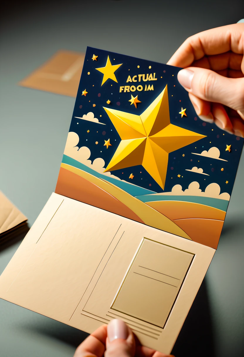 Best quality at best,8K,A high resolution,tmasterpiece:1.2,(actual:1.37),(Postcards from the stars:1.5),The reverse side a postcard in envelope format..,cardboard postcard,simplebackground,On a table,