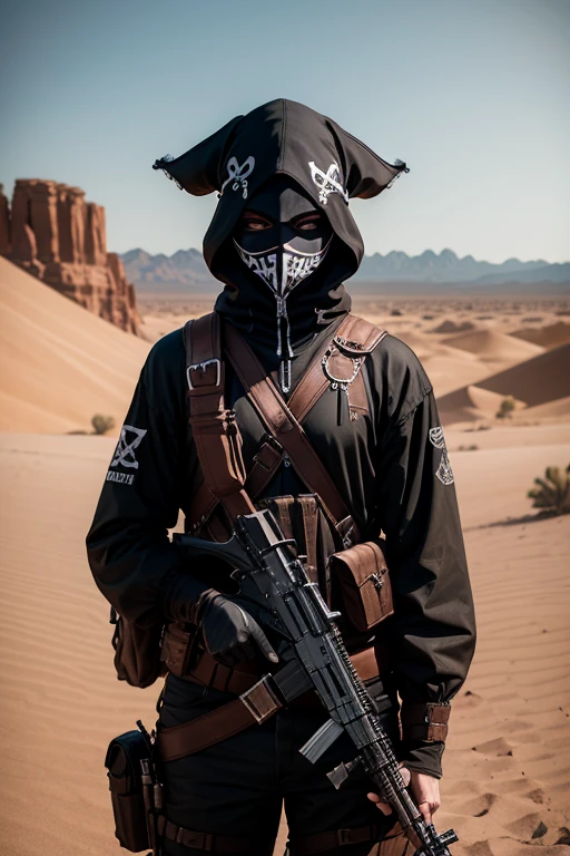 Dark Art Dark Web Evil Pirate, Using an anonymous mask, in the desert, porte une arme Barrett Firearms Model 82, darkness,obscur,4K