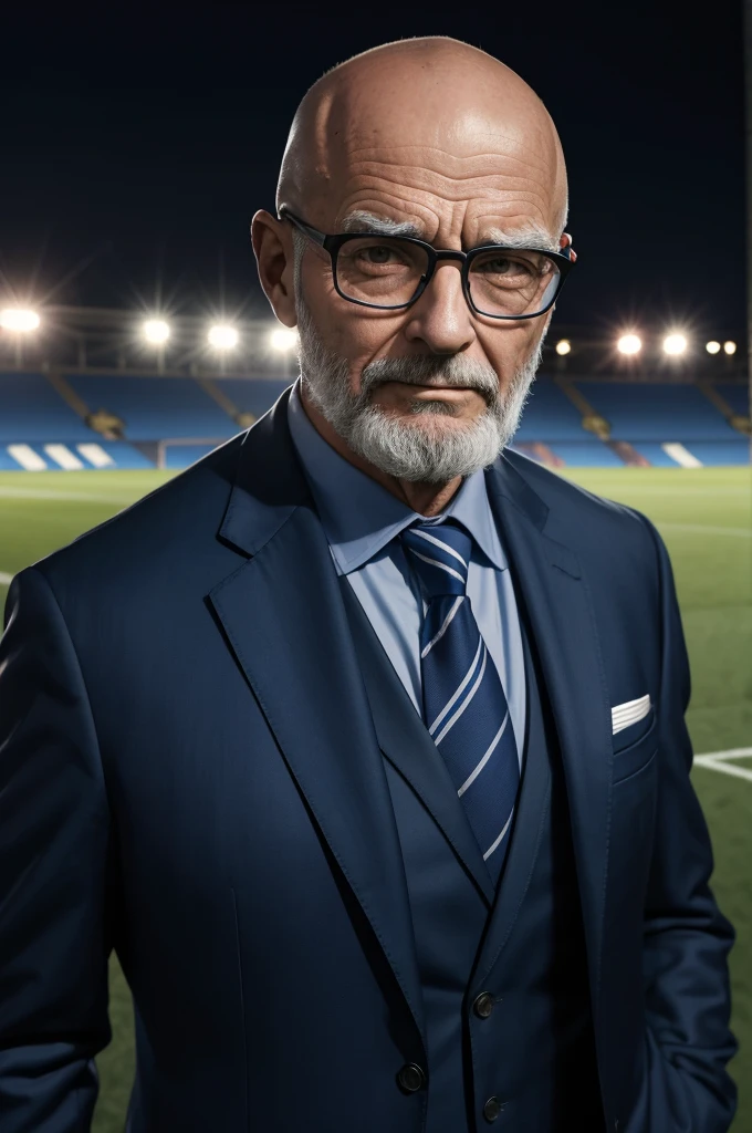 Old, bald man, wearing a dark blue suit and glasses, standing in the middle of a soccer stadium, evening, autumn, vibrant colors, detailed portrait of man facing camera, Futebol Clube do Porto, High Resolution.