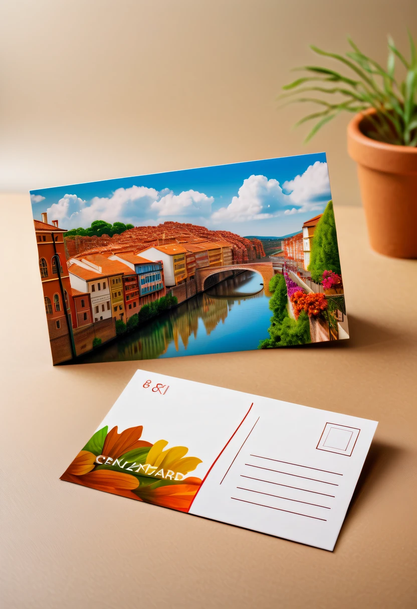 Best quality at best,8K,A high resolution,tmasterpiece:1.2,(actual:1.37),(a beautiful postcard:1.5)，The reverse side  a postcard in envelope format..，cardboard postcard，simplebackground，On a table，