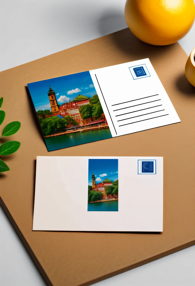 Best quality at best,8K,A high resolution,tmasterpiece:1.2,(actual:1.37),(a beautiful postcard:1.5),The reverse side a postcard in envelope format..,cardboard postcard,simplebackground,On a table,