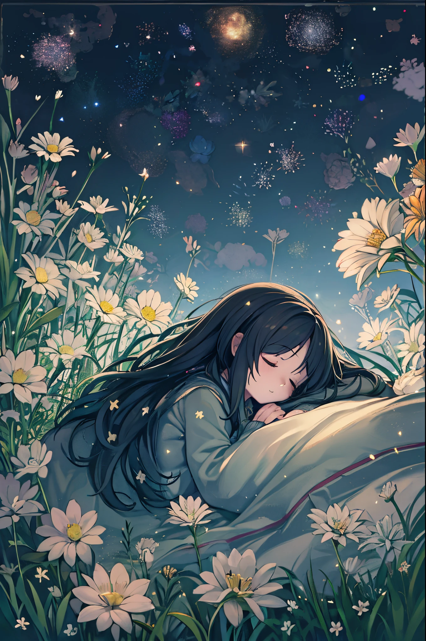 tiny girl, Flowers, Sleeping, Long Black Hair, Night, Starry sky