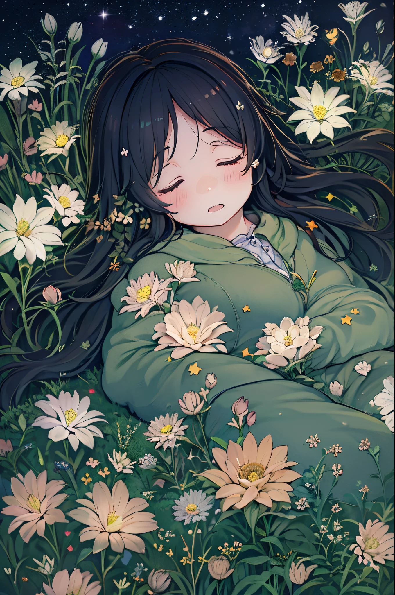 girl, Flowers, Sleeping, Long Black Hair, Night, Starry sky