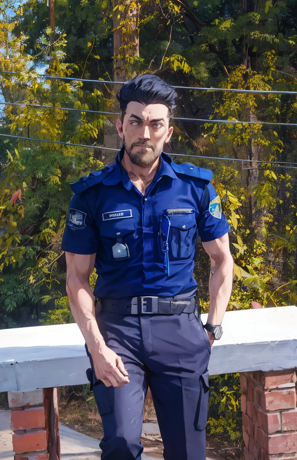 Tall strong man, muscular male, short black hair, police hat, police uniform, kevlar vest, long sleeves, blue hat, blue shirt uniform, dark blue / black pants, male, strong, powerful, standing in a city, golden watch on wrist, light stubble, detailed eyes