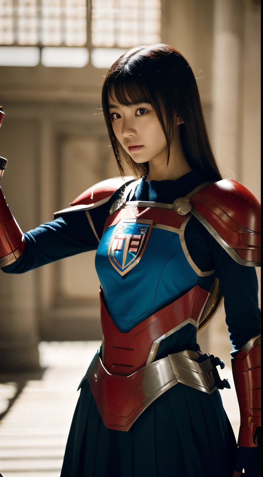 1girl in, beautfull Japanease woman,(((super girl))), (Armor equipment)，(Holding a sword in his right hand)，(Shield on left arm)，Convoluted,Cinematic, cinematic lightin，Dynamic Poses