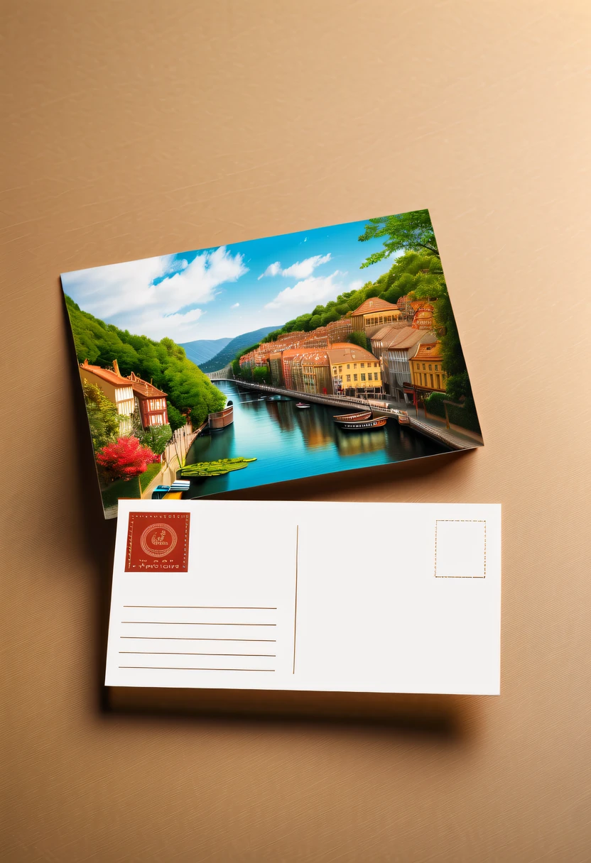 Best quality at best,8K,A high resolution,tmasterpiece:1.2,(actual:1.37),(a beautiful postcard:1.5),The reverse side a postcard in envelope format..,cardboard postcard,simplebackground,On a table,