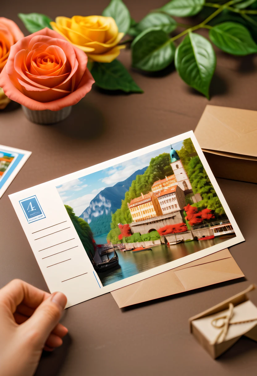 Best quality at best,8K,A high resolution,tmasterpiece:1.2,(actual:1.37),(a beautiful postcard:1.5)，The reverse side  a postcard in envelope format..，cardboard postcard，simplebackground，On a table，