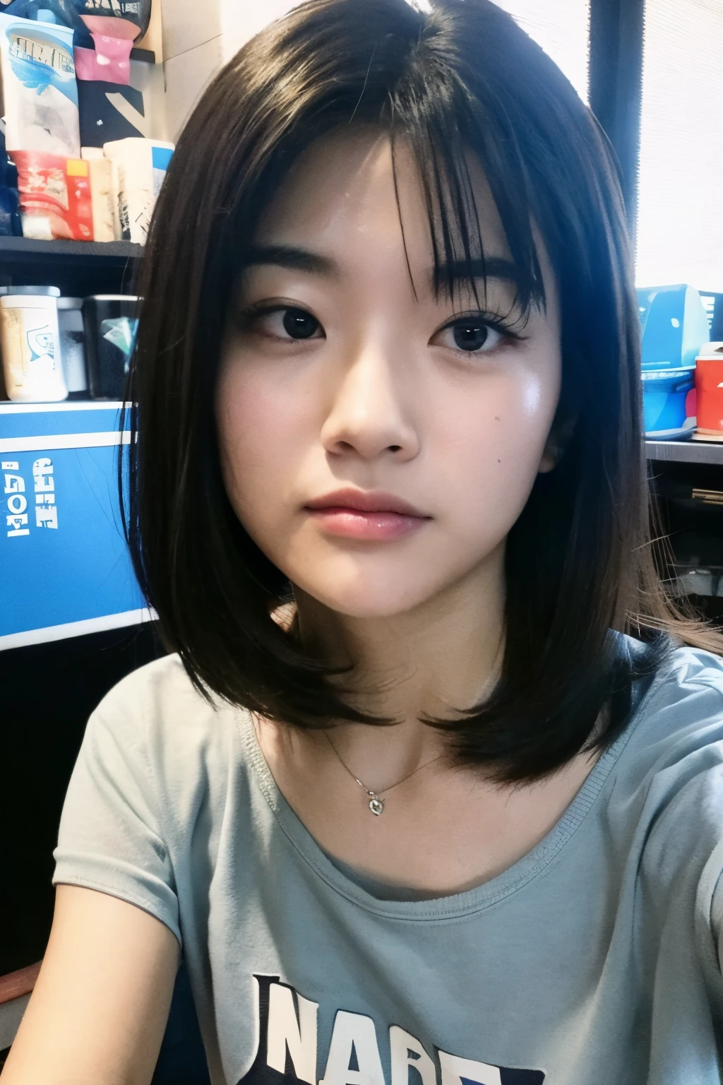 30 years old hong kong woman working on desk, plain shirt, black long hair, hyper realistic, closeup selfie, morning