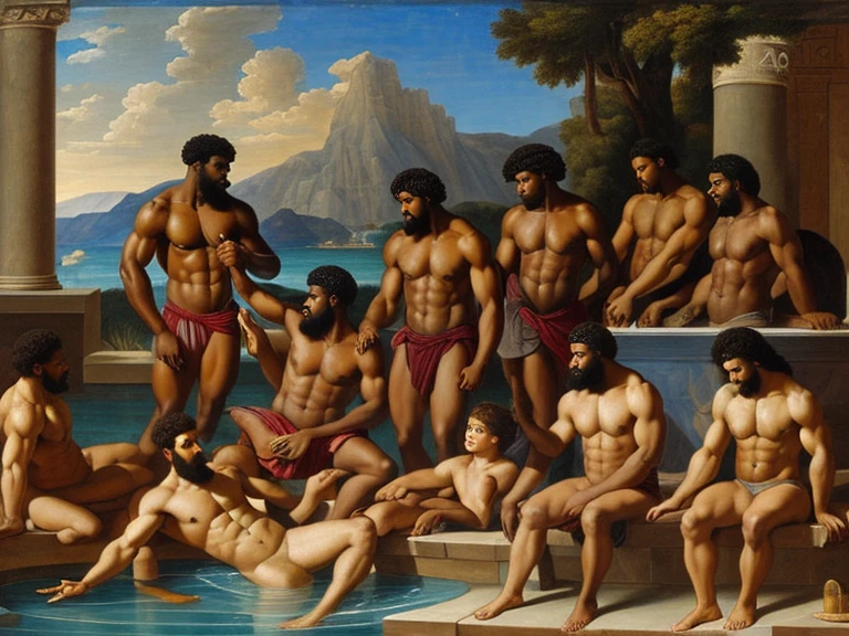 oil painting oil on canvas, of 10 attractive black guys, Black Greek guys congregation in the bath house, thermal pool house, ancient Greek style mythology, beard, attractive greek god, mythology, perfect composition, abs, chest, full body. centered, handsome face, renaissance style, by Sandro Boticelli and alexandre cabanel