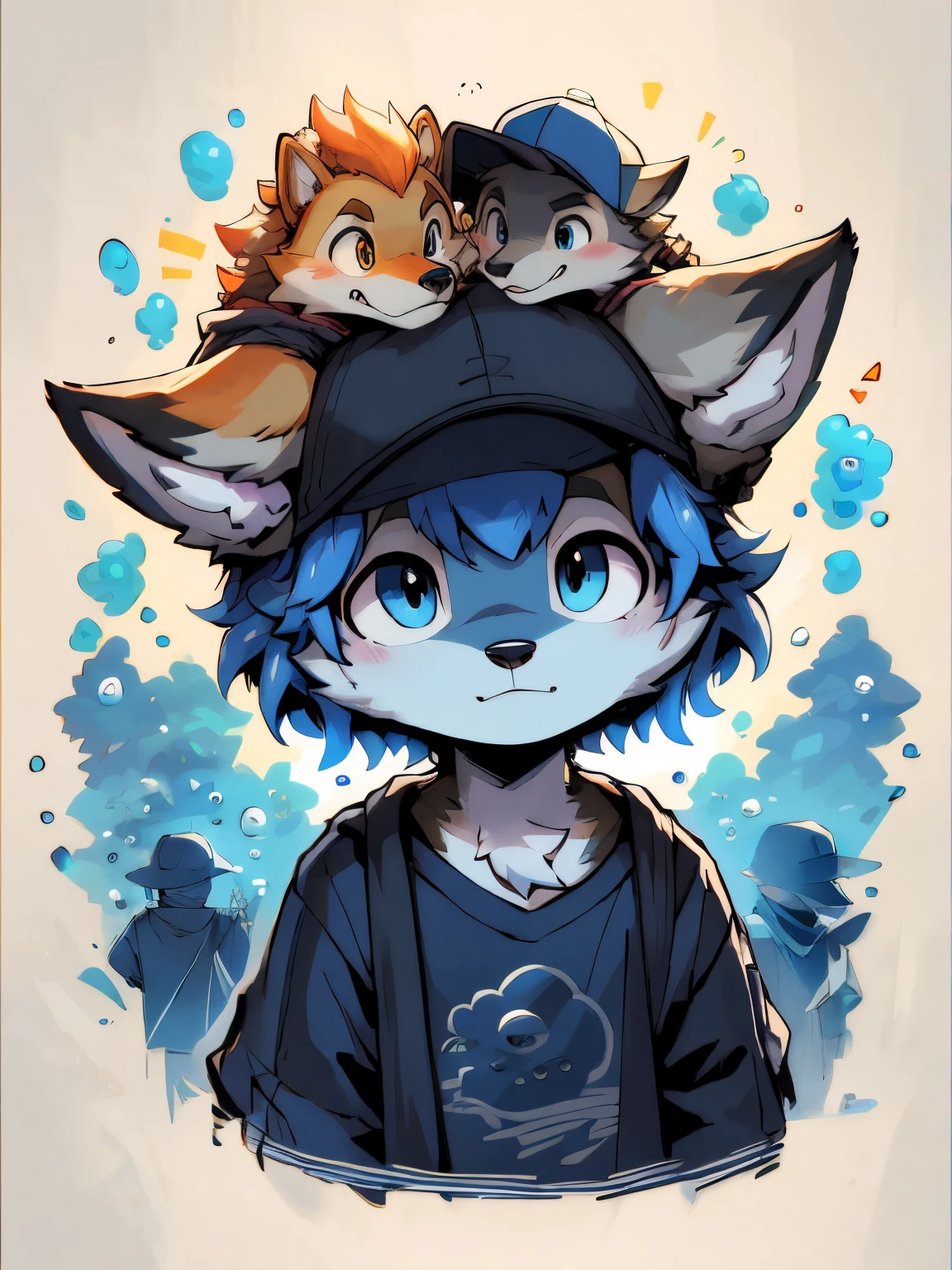 tmasterpiece, Best quality at best, eyes with brightness, 詳細な目, hairy pubic, coyote, male people, baggy clothes, baseball cap, (tilt of the head:1.3), high saturated, Colorful, detailedbackground, perfect litthing, shadowing, aquariums, janelas, dark blue theme, airbubble