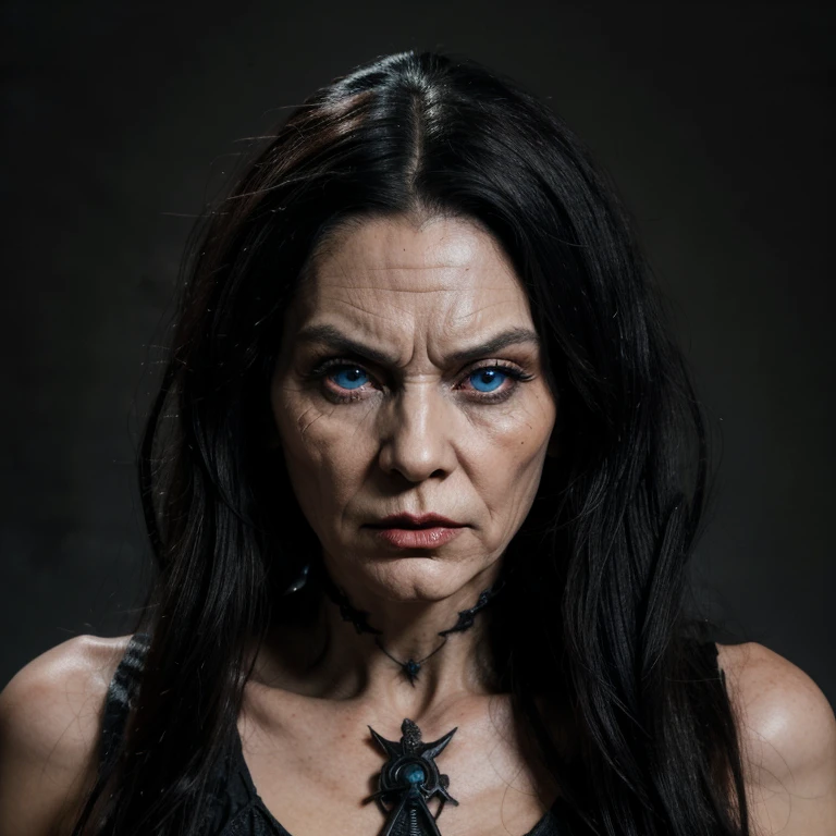 Very old witch, white wrinkled skin, thin long bony face, prominent cheeks, prominent red lips, very very large blue eyes, black gothic makeup,
Very angry and scary, big bony nose, mean, ruthless domineering